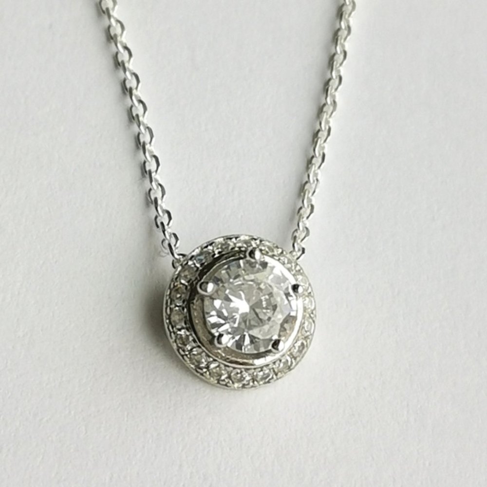 New, sterling silver cz halo solitaire necklace